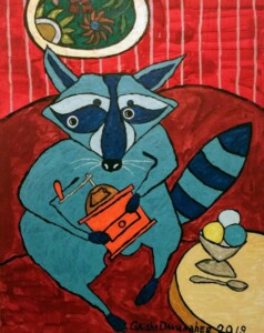 Blue racoon with a orange coffee grinder