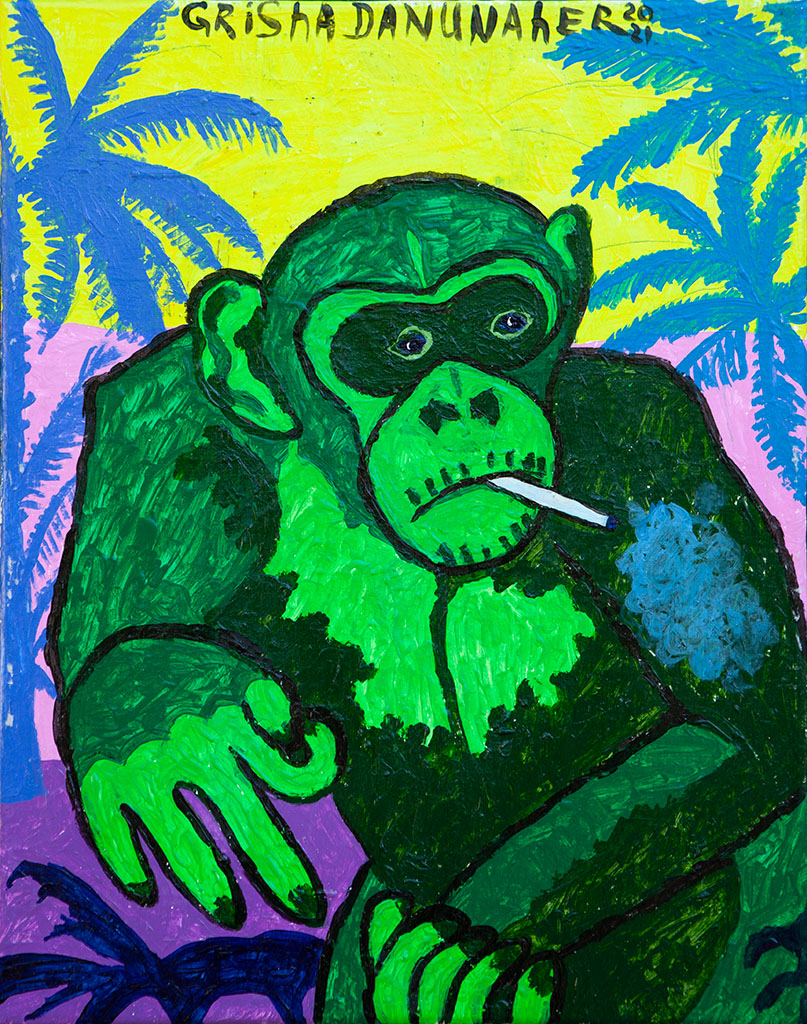 green chimpanzee smokes a cigarette against the background of palm trees