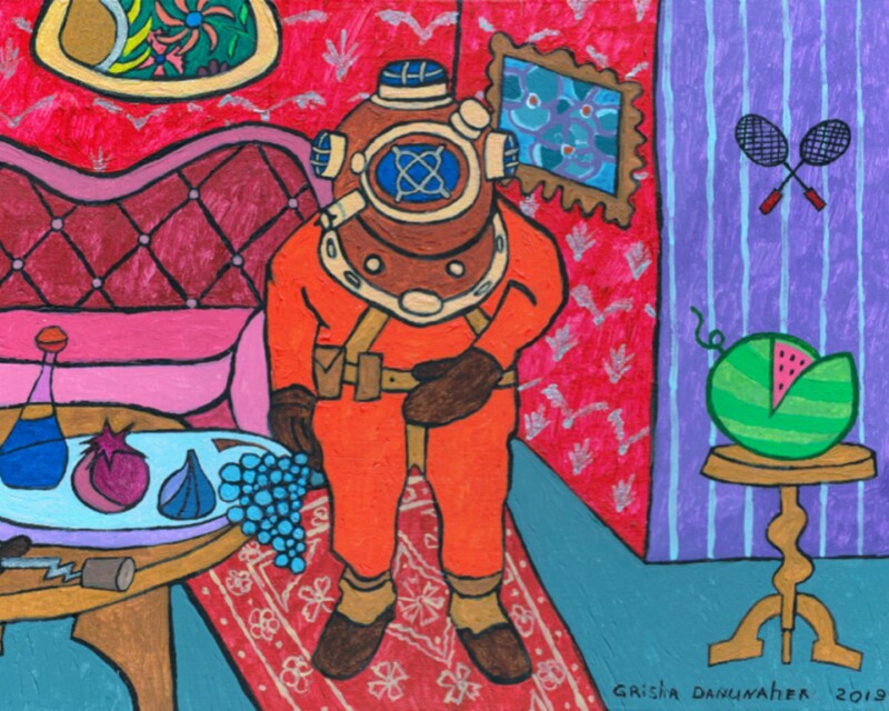 diver in an old, heavy suit with a copper helmet in the interior